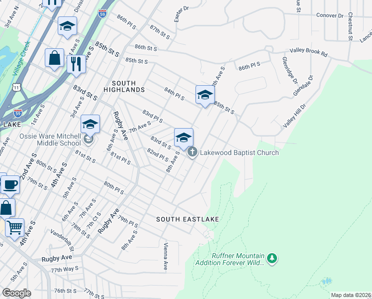 map of restaurants, bars, coffee shops, grocery stores, and more near 8321 8th Avenue South in Birmingham