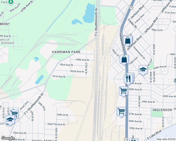 map of restaurants, bars, coffee shops, grocery stores, and more near 3721 43rd Avenue North in Birmingham