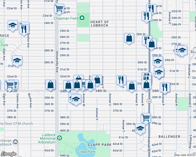 map of restaurants, bars, coffee shops, grocery stores, and more near 2207 32nd Street in Lubbock