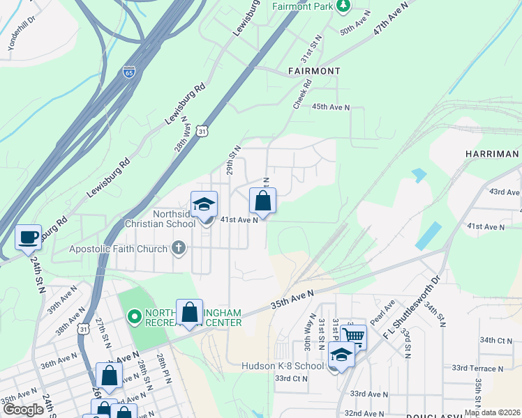 map of restaurants, bars, coffee shops, grocery stores, and more near 4120 30th Street North in Birmingham