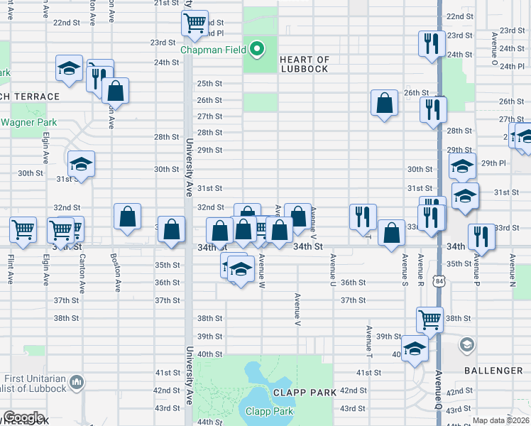 map of restaurants, bars, coffee shops, grocery stores, and more near 2314 32nd Street in Lubbock