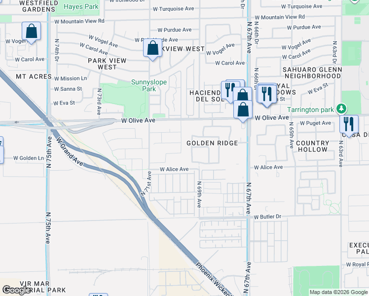 map of restaurants, bars, coffee shops, grocery stores, and more near 6922 West Townley Avenue in Peoria