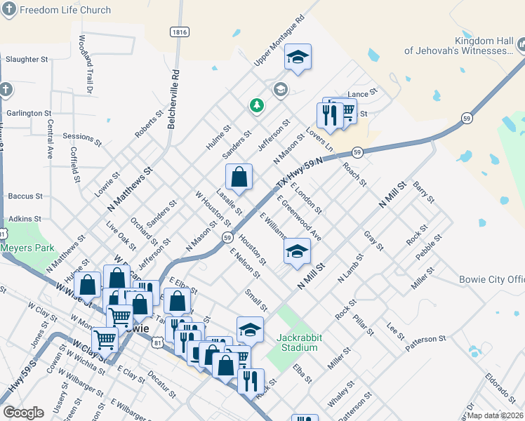 map of restaurants, bars, coffee shops, grocery stores, and more near 1121 Texas 59 in Bowie