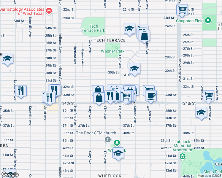 map of restaurants, bars, coffee shops, grocery stores, and more near 3011 32nd Street in Lubbock