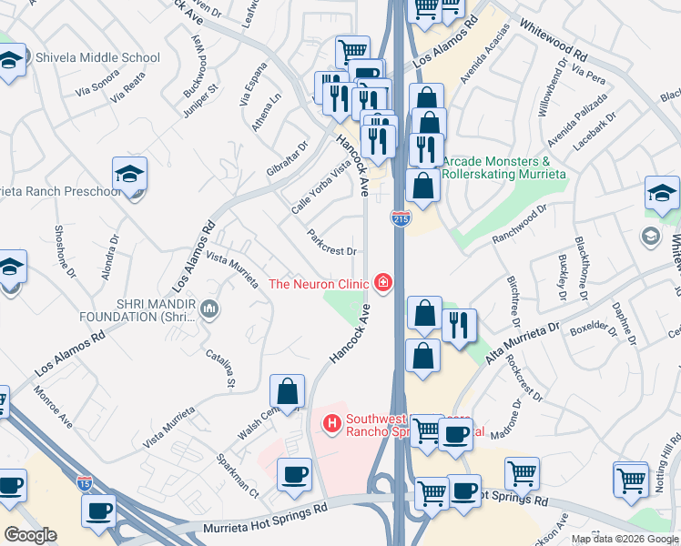 map of restaurants, bars, coffee shops, grocery stores, and more near 40130 Paseo Del Sol in Murrieta