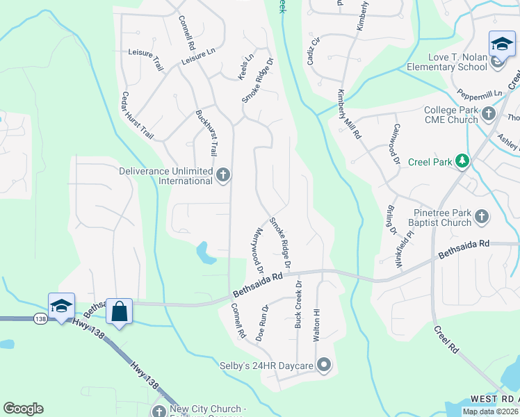 map of restaurants, bars, coffee shops, grocery stores, and more near 6925 Smoke Ridge Drive in Fairburn