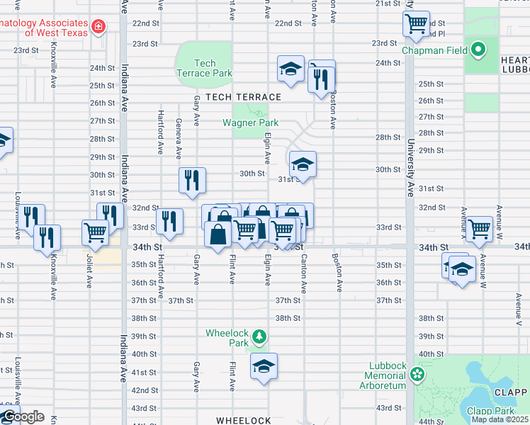 map of restaurants, bars, coffee shops, grocery stores, and more near 3008 32nd Street in Lubbock