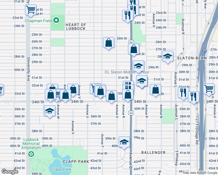 map of restaurants, bars, coffee shops, grocery stores, and more near 1911 32nd Street in Lubbock