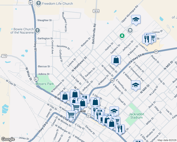 map of restaurants, bars, coffee shops, grocery stores, and more near 808 Sanders Street in Bowie