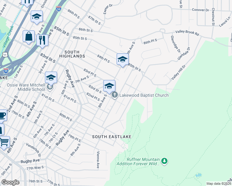 map of restaurants, bars, coffee shops, grocery stores, and more near 8321 8th Avenue South in Birmingham