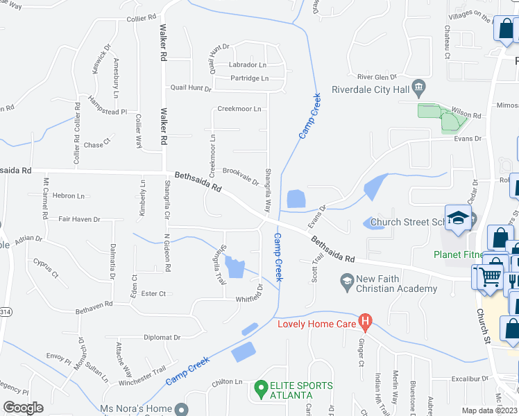 map of restaurants, bars, coffee shops, grocery stores, and more near 1241 Bethsaida Road in Riverdale