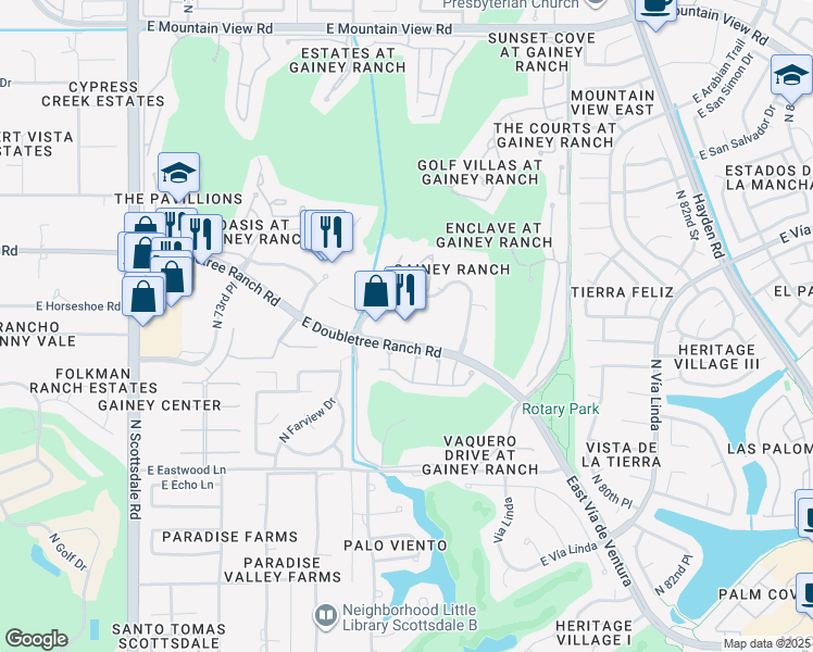 map of restaurants, bars, coffee shops, grocery stores, and more near 7704 East Doubletree Ranch Road in Scottsdale