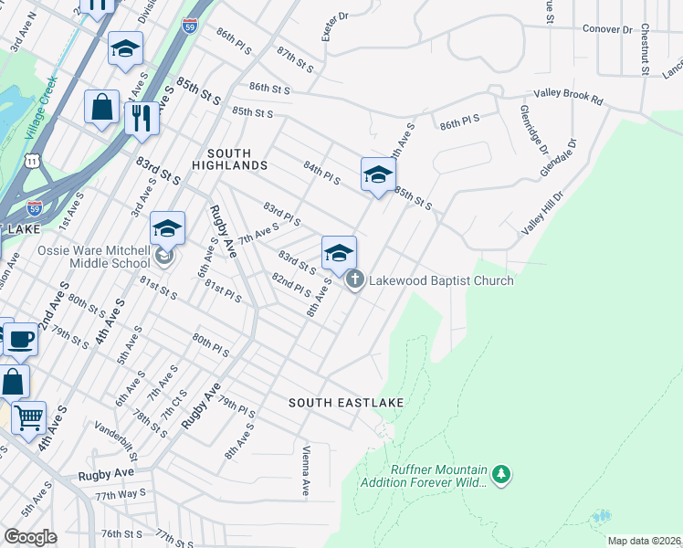 map of restaurants, bars, coffee shops, grocery stores, and more near 8321 8th Avenue South in Birmingham