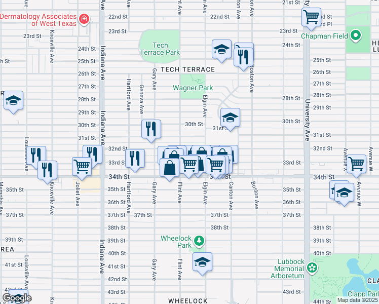 map of restaurants, bars, coffee shops, grocery stores, and more near 3008 32nd Street in Lubbock