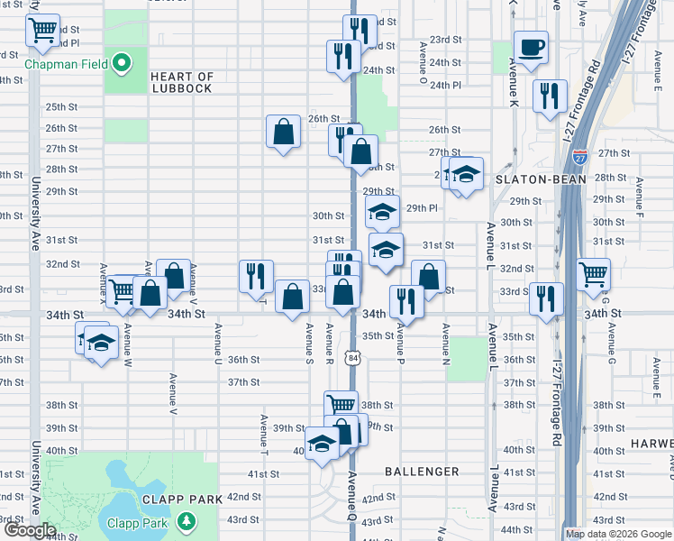 map of restaurants, bars, coffee shops, grocery stores, and more near 1706 32nd St in Lubbock