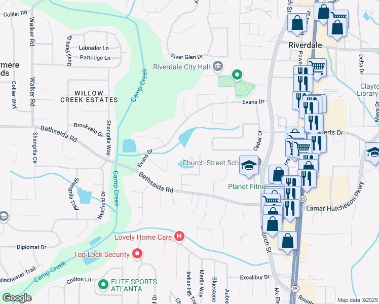 map of restaurants, bars, coffee shops, grocery stores, and more near 1029 Chaterly Court in Riverdale