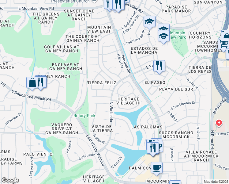 map of restaurants, bars, coffee shops, grocery stores, and more near 8136 East Del Joya Drive in Scottsdale