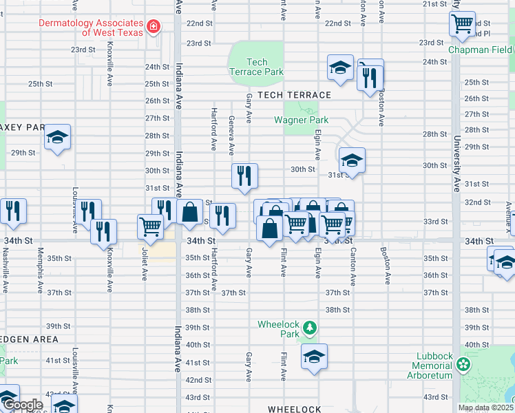 map of restaurants, bars, coffee shops, grocery stores, and more near 3116 32nd Street in Lubbock
