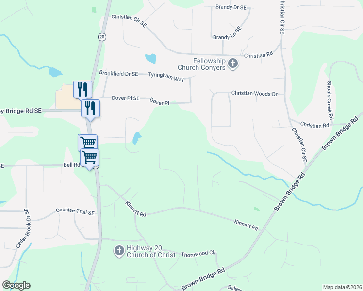 map of restaurants, bars, coffee shops, grocery stores, and more near 1140 Kinnett Road in Covington