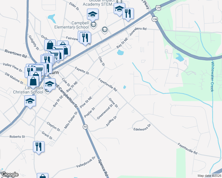 map of restaurants, bars, coffee shops, grocery stores, and more near 274 Fayetteville Road in Fairburn