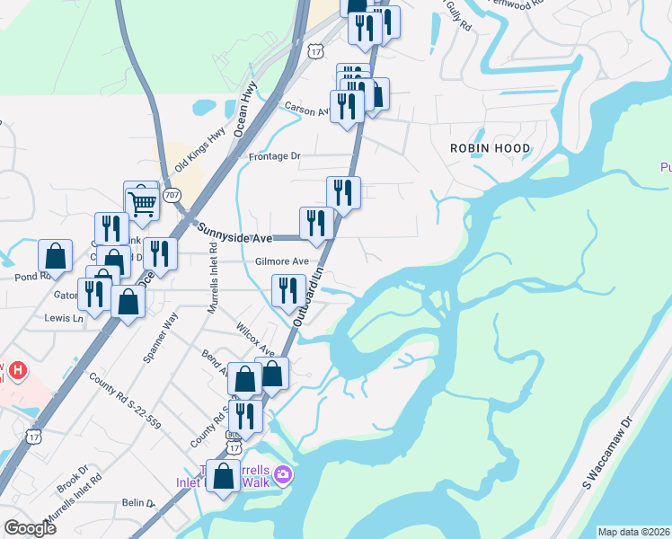 map of restaurants, bars, coffee shops, grocery stores, and more near 379 Sunnyside Avenue in Murrells Inlet