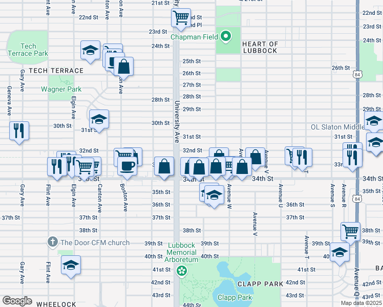 map of restaurants, bars, coffee shops, grocery stores, and more near 2419 32nd Street in Lubbock