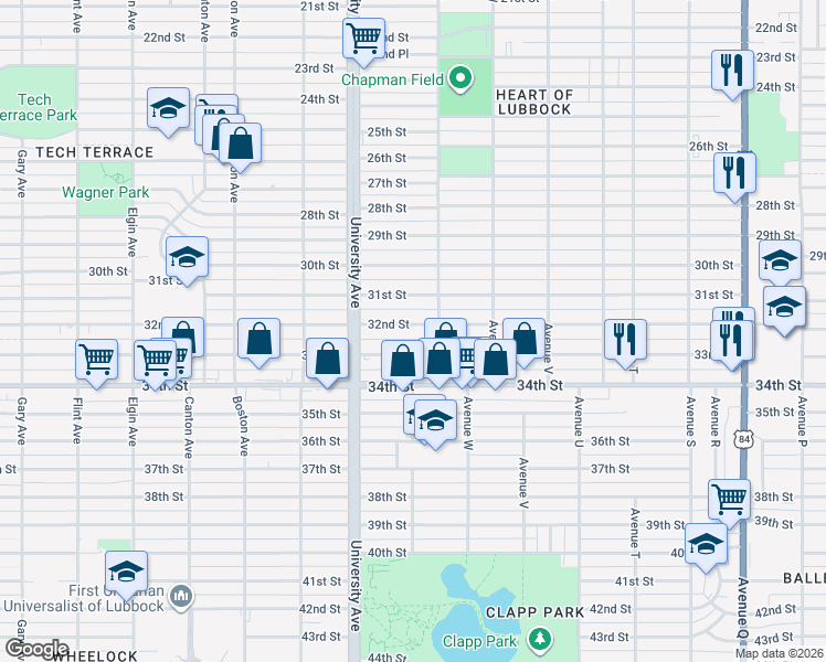 map of restaurants, bars, coffee shops, grocery stores, and more near 2409 32nd Street in Lubbock