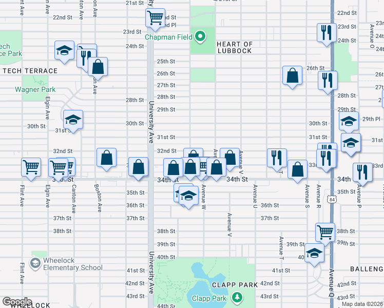 map of restaurants, bars, coffee shops, grocery stores, and more near 2319 32nd Street in Lubbock