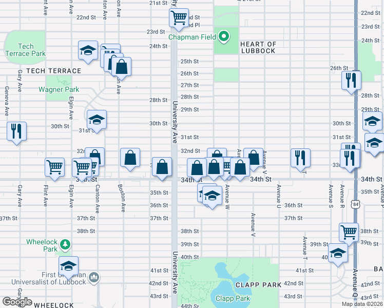 map of restaurants, bars, coffee shops, grocery stores, and more near 2417 32nd Street in Lubbock