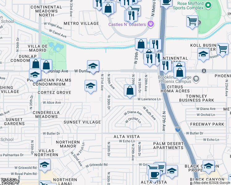 map of restaurants, bars, coffee shops, grocery stores, and more near 8739 North 30th Avenue in Phoenix