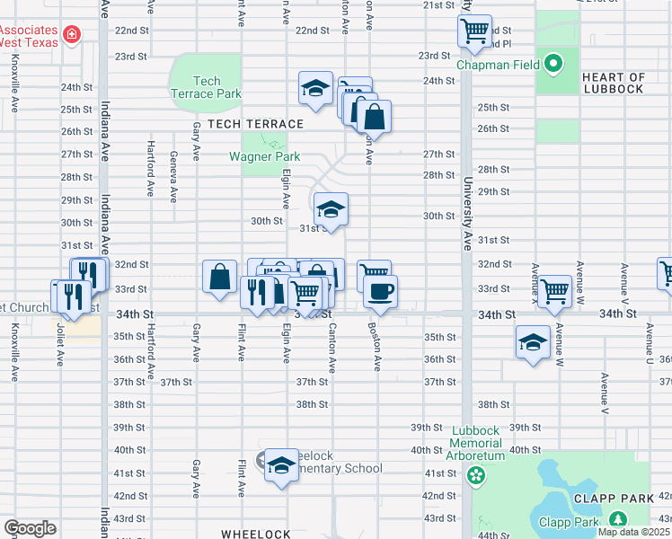 map of restaurants, bars, coffee shops, grocery stores, and more near 2803 32nd Street in Lubbock