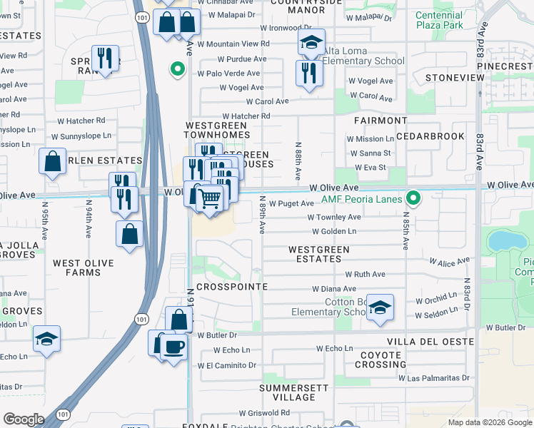 map of restaurants, bars, coffee shops, grocery stores, and more near 8844 West Townley Avenue in Peoria
