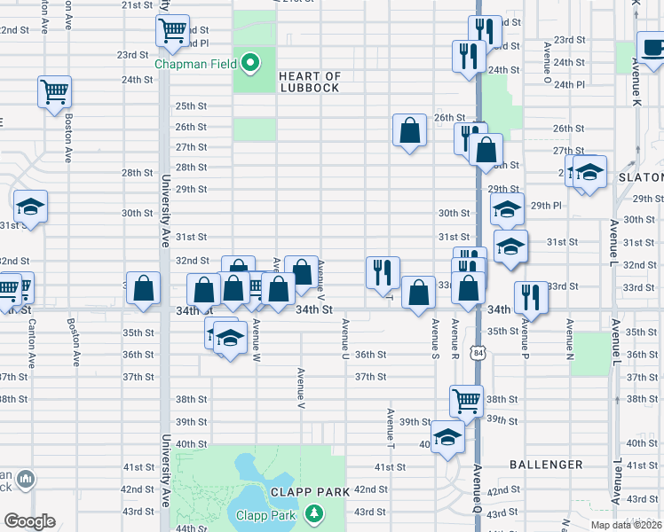 map of restaurants, bars, coffee shops, grocery stores, and more near 2114 32nd Street in Lubbock