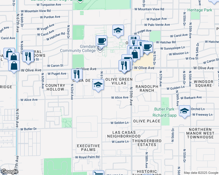 map of restaurants, bars, coffee shops, grocery stores, and more near 6056 West Golden Lane in Glendale