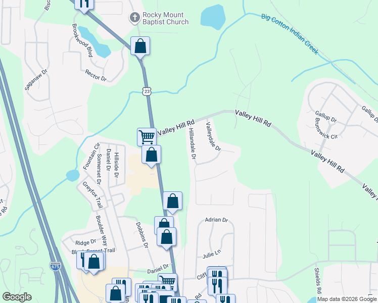 map of restaurants, bars, coffee shops, grocery stores, and more near 230 Hillandale Drive in Stockbridge