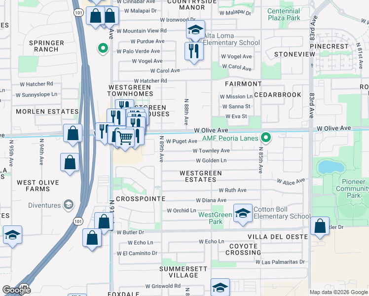 map of restaurants, bars, coffee shops, grocery stores, and more near 8733 West Puget Avenue in Peoria