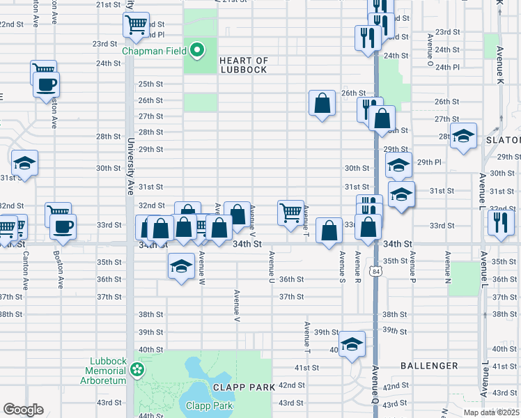 map of restaurants, bars, coffee shops, grocery stores, and more near 2114 32nd Street in Lubbock