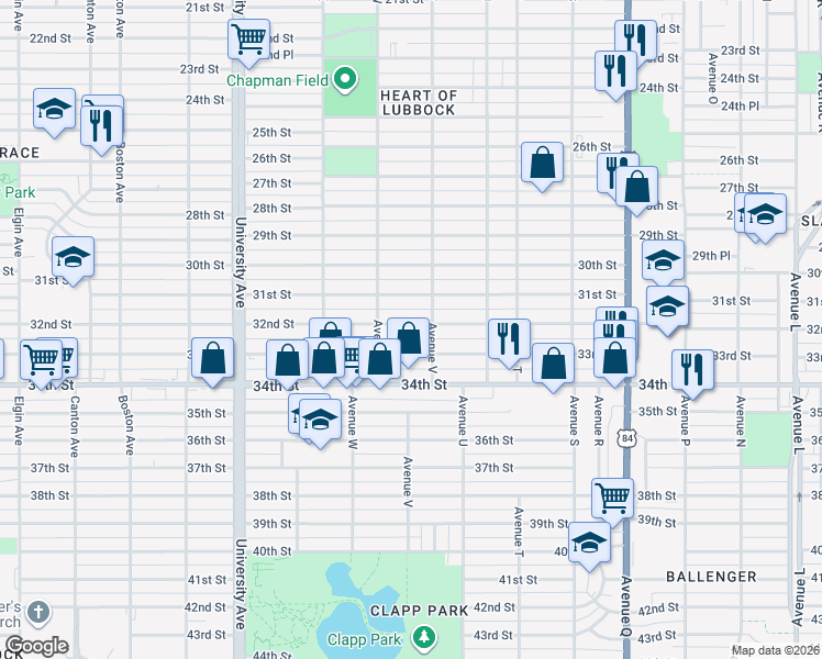 map of restaurants, bars, coffee shops, grocery stores, and more near 2206 32nd Street in Lubbock