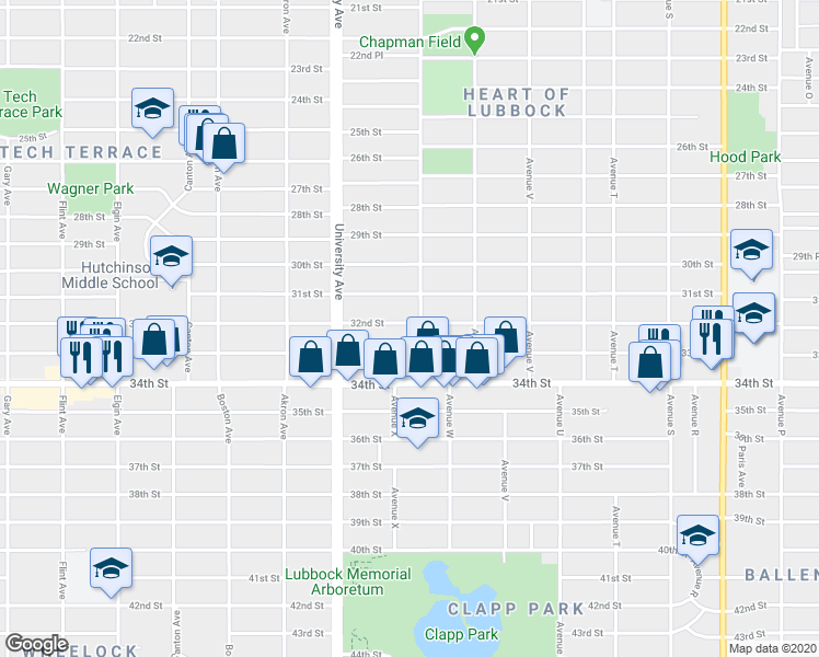 map of restaurants, bars, coffee shops, grocery stores, and more near 2408 32nd Street in Lubbock