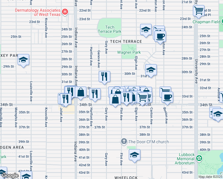 map of restaurants, bars, coffee shops, grocery stores, and more near 3116 32nd Street in Lubbock