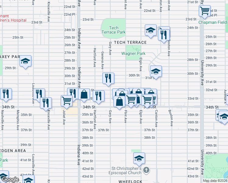 map of restaurants, bars, coffee shops, grocery stores, and more near 3116 32nd Street in Lubbock