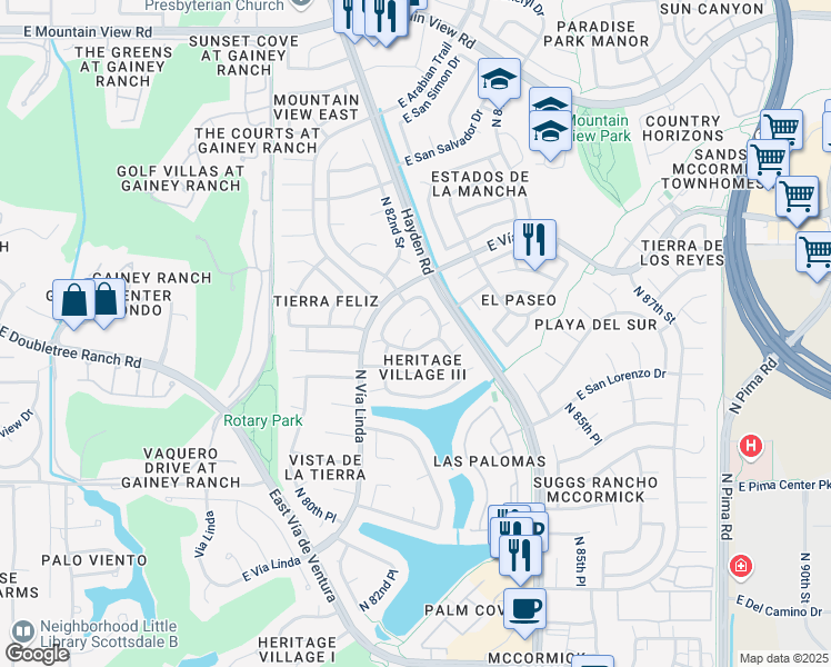 map of restaurants, bars, coffee shops, grocery stores, and more near 8175 East Del Marino Drive in Scottsdale