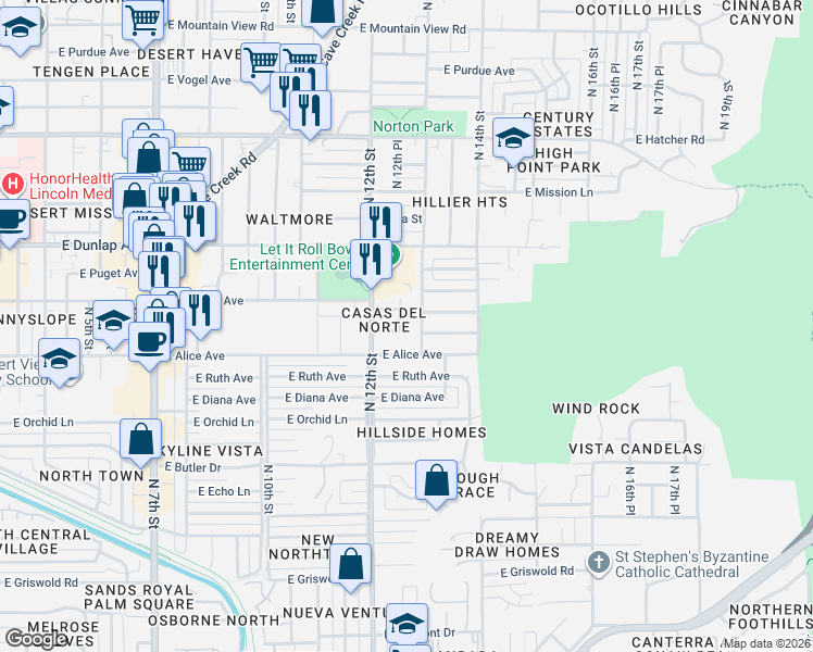 map of restaurants, bars, coffee shops, grocery stores, and more near 1217 East Townley Avenue in Phoenix
