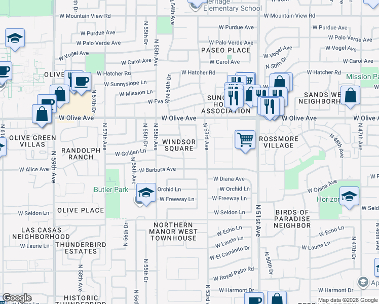 map of restaurants, bars, coffee shops, grocery stores, and more near 5314 West Golden Lane in Glendale