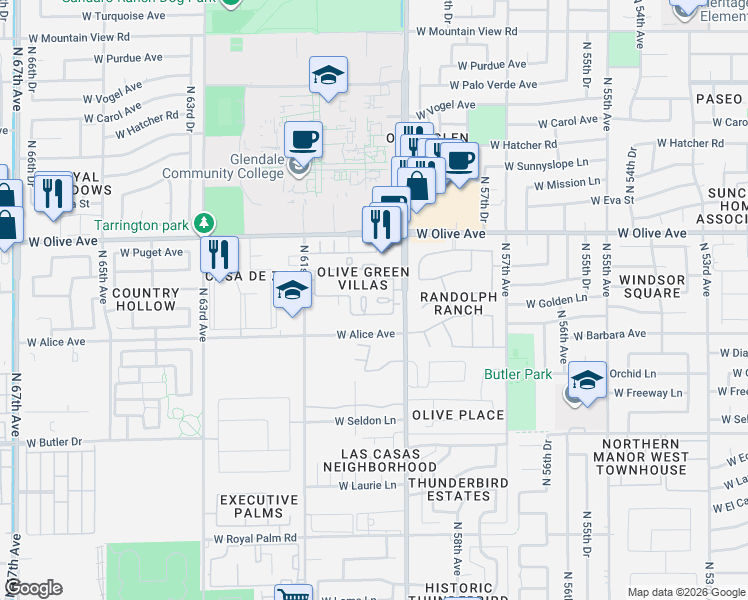 map of restaurants, bars, coffee shops, grocery stores, and more near 5943 West Townley Avenue in Glendale