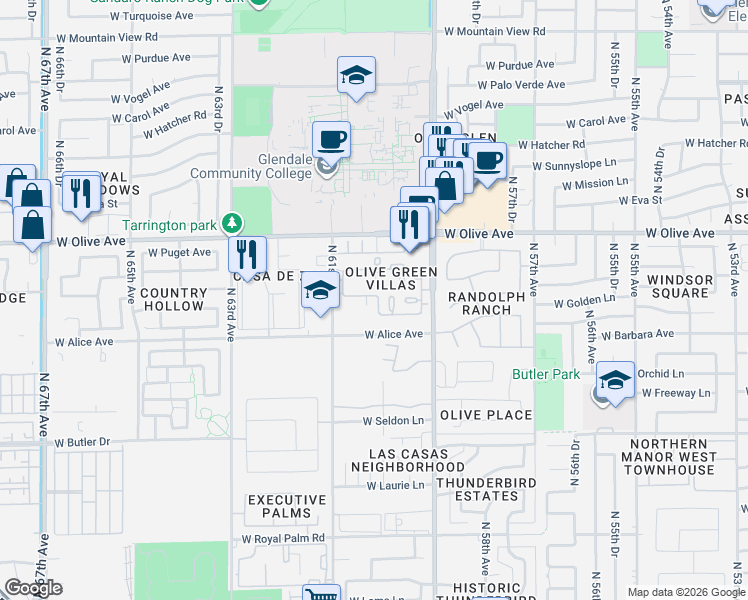 map of restaurants, bars, coffee shops, grocery stores, and more near 6056 West Golden Lane in Glendale