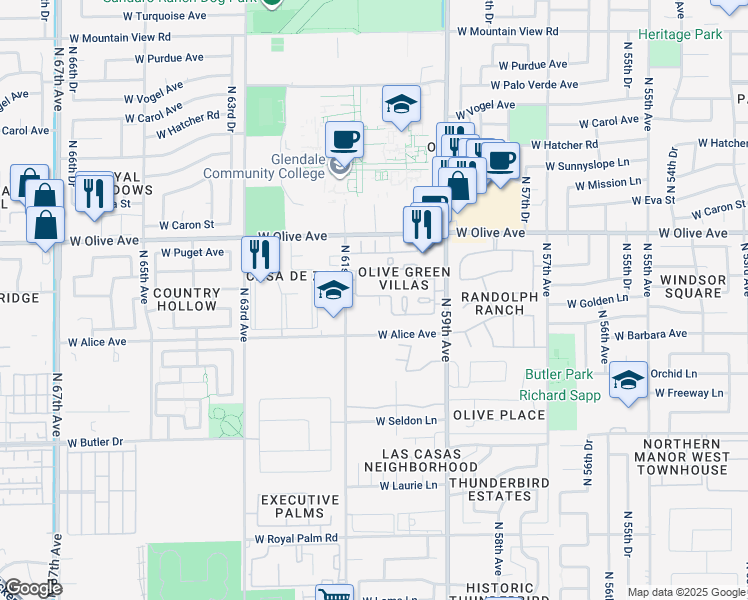 map of restaurants, bars, coffee shops, grocery stores, and more near 6056 West Golden Lane in Glendale