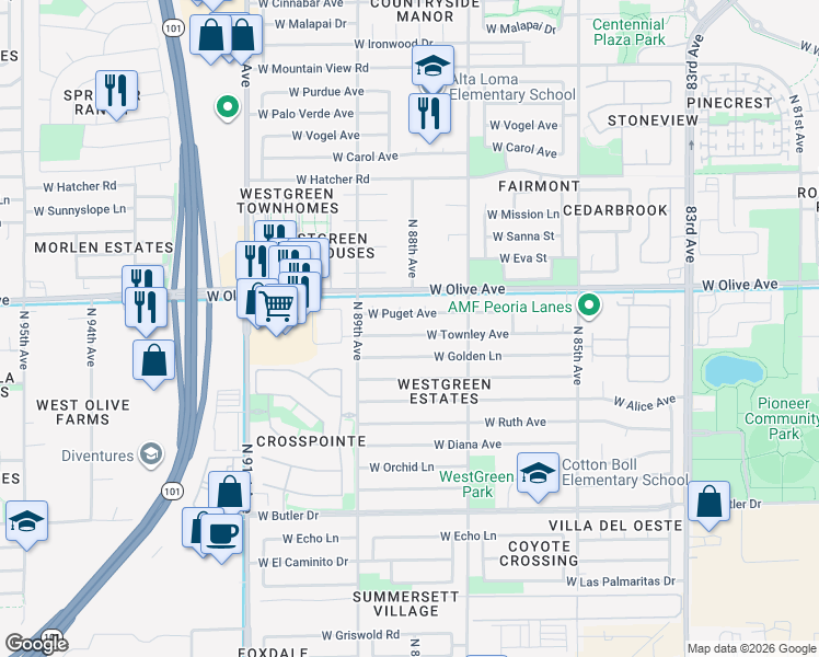 map of restaurants, bars, coffee shops, grocery stores, and more near 8733 West Puget Avenue in Peoria