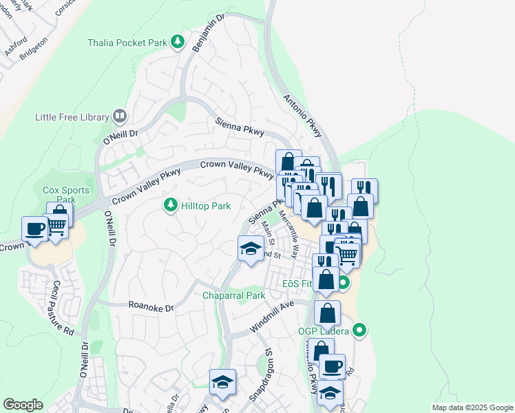 map of restaurants, bars, coffee shops, grocery stores, and more near 8 Reston Way in Ladera Ranch