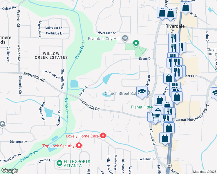 map of restaurants, bars, coffee shops, grocery stores, and more near 1029 Chaterly Court in Riverdale